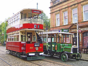 Bus with tram outside the Red Lion at Crich